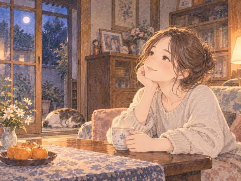 懐かしい実家の部屋で静かに過ごす女性