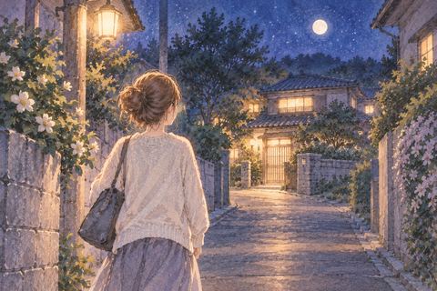 夜道の先にある実家へ向かう女性