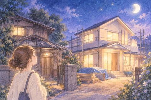 古い実家のそばで新しい家が建つ夢の場面