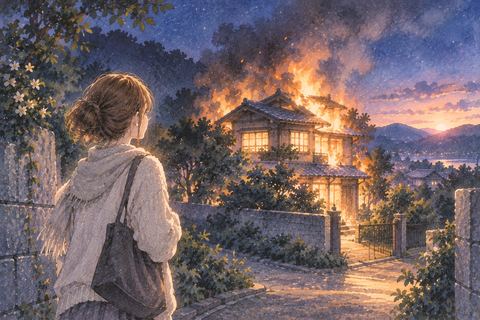炎の光に包まれた実家を遠くから見る夢