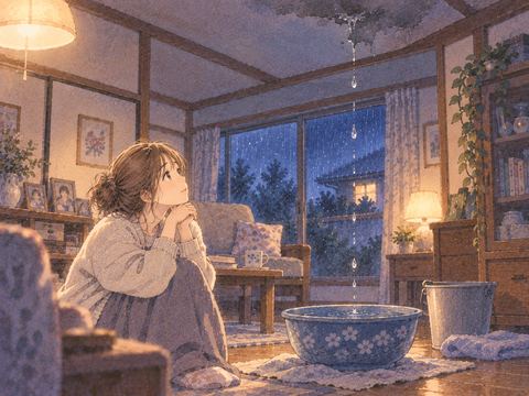 実家の天井から落ちる雨水と受け皿