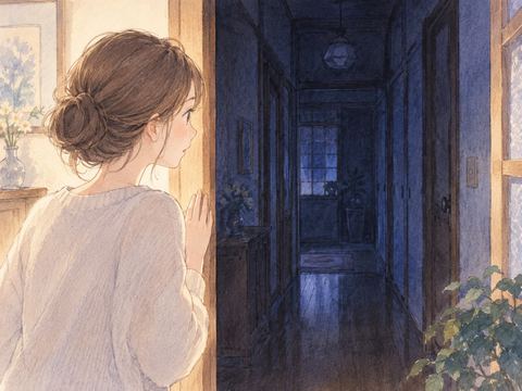 薄暗い実家の廊下を戸口から見つめる女性