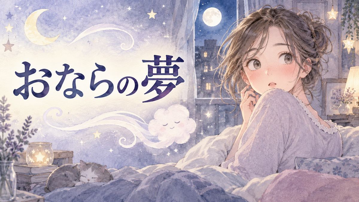 夜の部屋で夢のおならを思い返す大人の女性