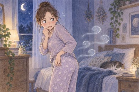 おならが止まらず困った表情をする女性