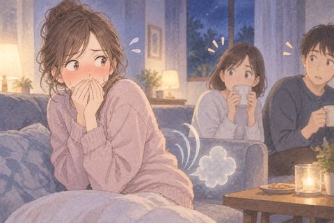 おならを聞かれて気まずそうにする女性