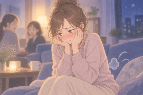 おならをして顔を赤らめる女性