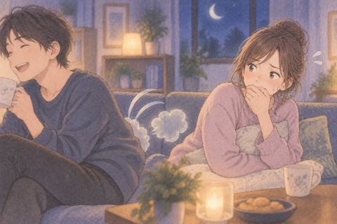 おならをした相手を見つめる女性