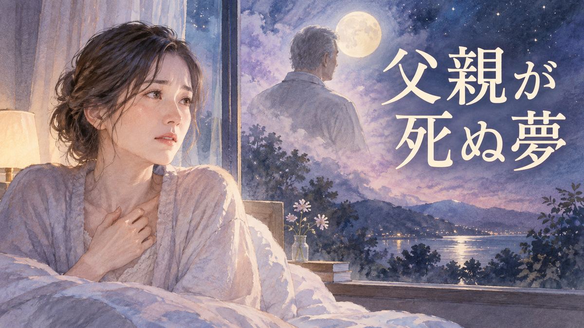 夜の窓辺で不安そうに夢を振り返る大人の女性と、遠くに浮かぶ父親の穏やかなシルエット