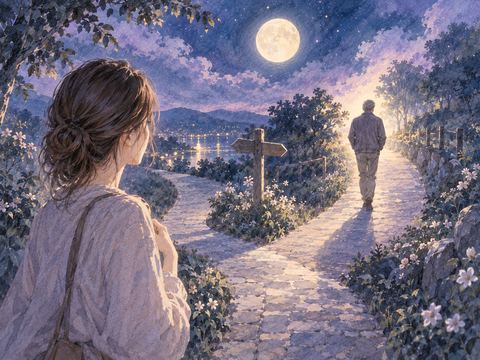 夜の分かれ道で遠ざかる父親の影を見つめる大人の女性