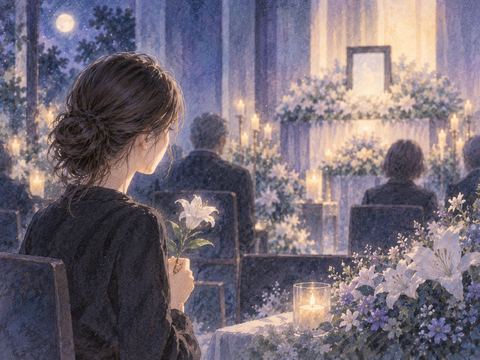 静かな礼拝空間で白い花を手に父親を見送る大人の女性