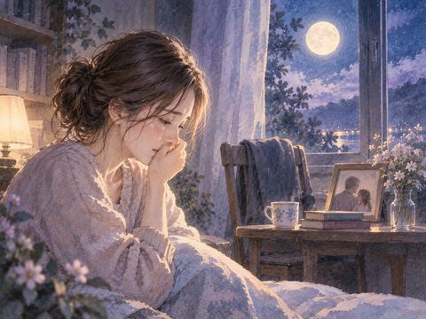 夜の部屋で父親を思い浮かべながら静かに涙を流す大人の女性