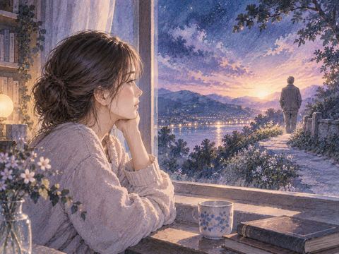 夜明け前の窓辺で穏やかに外を見る大人の女性と遠くの父親の影