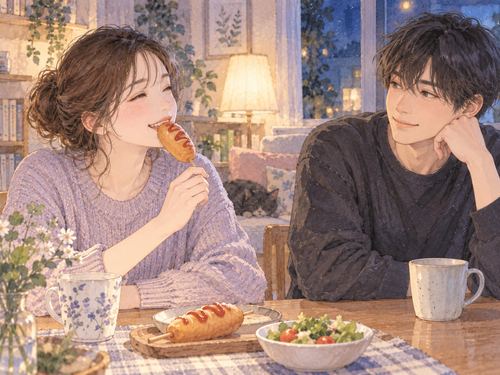 温かな部屋で軽食を食べる女性とそばにいる男性