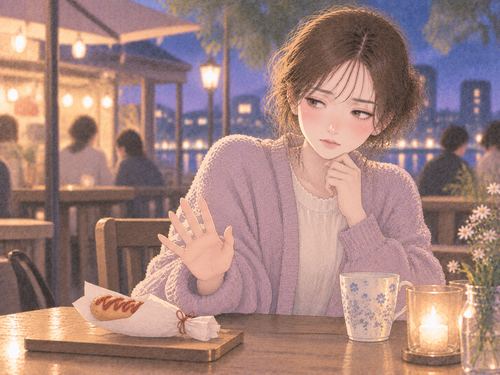 差し出された軽食から手を引く大人の女性