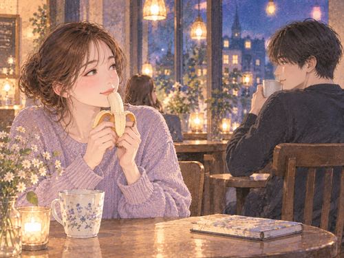 夜のカフェでバナナを食べながら男性を見る女性
