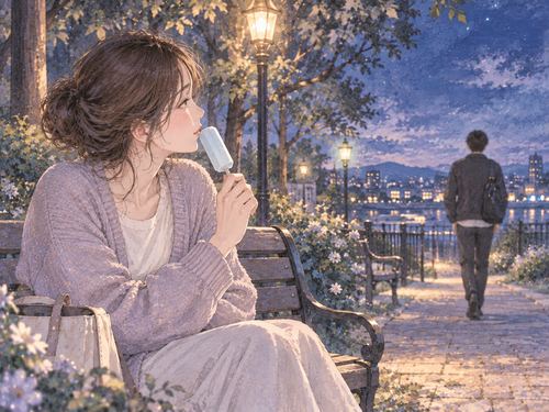 夜のベンチでアイスキャンディーを手に過去を思う女性