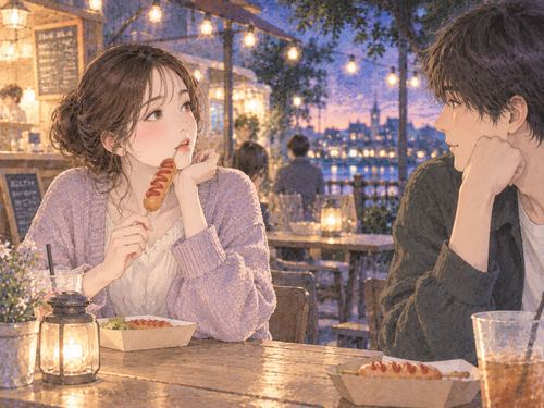 軽食を食べながら男友達を意識する大人の女性