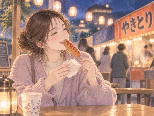 夜店の軽食を楽しそうに食べる笑顔の大人の女性