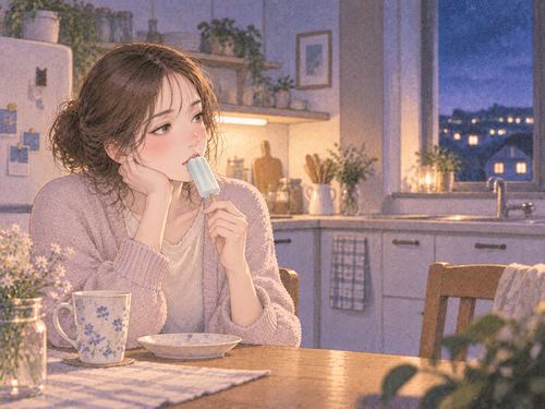 夜の台所で軽食を淡々と食べる大人の女性