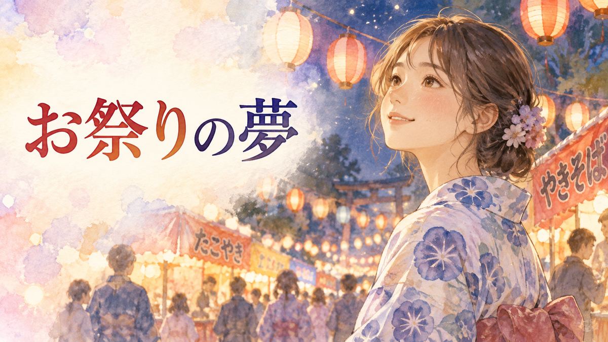 夜祭りの提灯と屋台を見つめる大人の女性