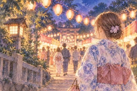 提灯が並ぶ祭り会場へ向かう女性