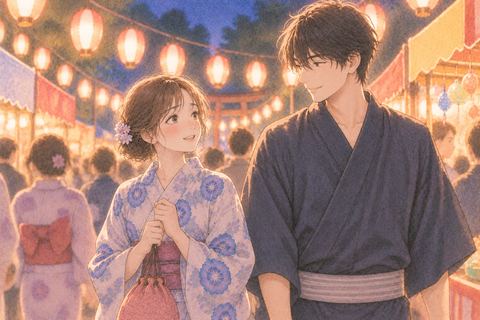 好きな人と提灯の下を歩く女性