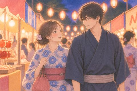 夜祭りを並んで歩く女性と恋人