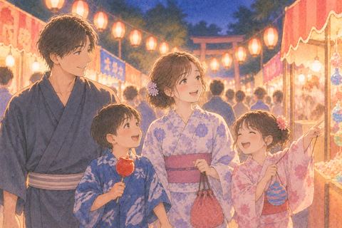 家族と夜祭りを楽しむ女性