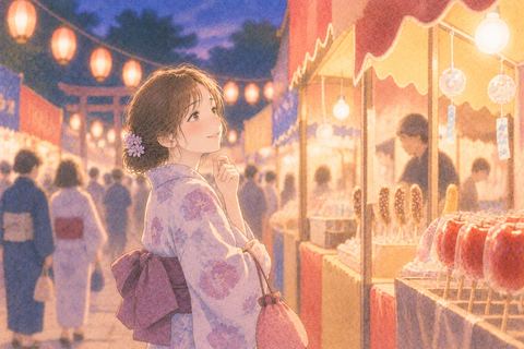 一人で夜祭りの屋台を楽しむ女性