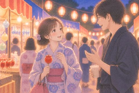祭りで見知らぬ人と話す女性
