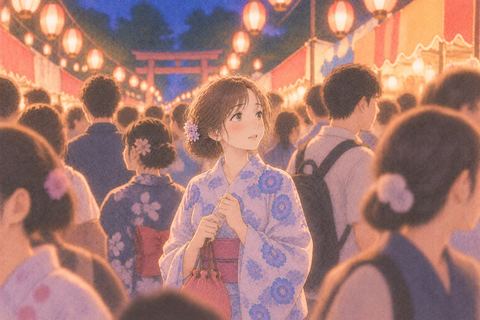 祭りの人混みの中に立つ女性