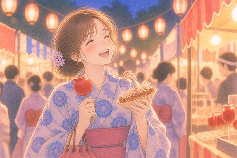 夜祭りで嬉しそうに笑う女性