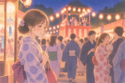 にぎやかな祭りで寂しそうに立つ女性