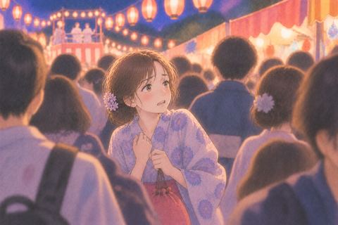 祭りの人波に戸惑う女性