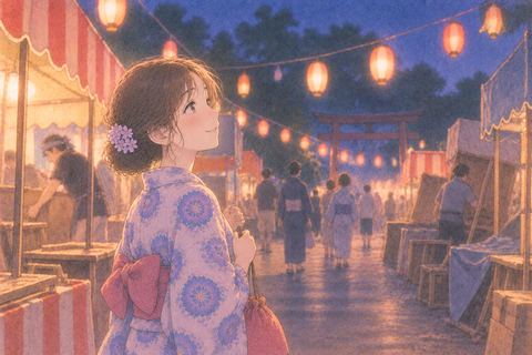 祭りの終わりに消える提灯を見送る女性