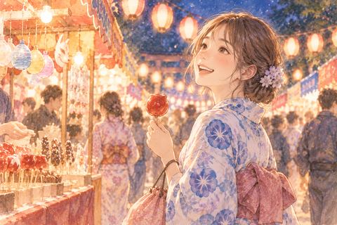 夜祭りの屋台を笑顔で楽しむ女性