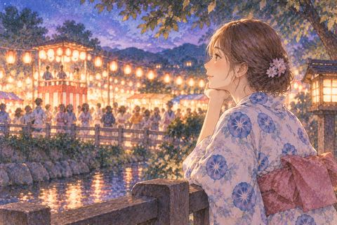 少し離れた場所から夜祭りを見る女性