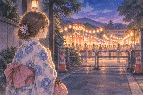 遠くの祭りを前に足を止める女性