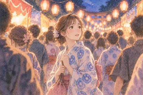 祭りの人混みで周囲を見回す女性