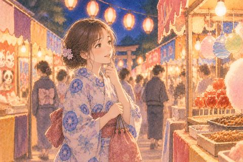 並んだ祭りの屋台を楽しそうに選ぶ女性