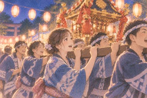 夜祭りで人々が神輿を担ぐ場面