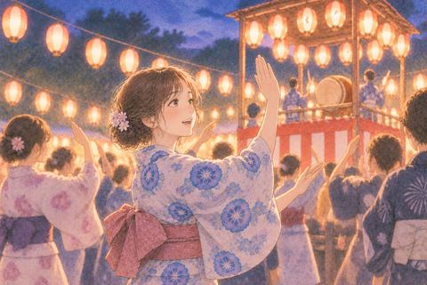 提灯の下で盆踊りの輪に加わる女性