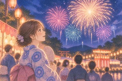 祭り会場で夜空の花火を見上げる女性