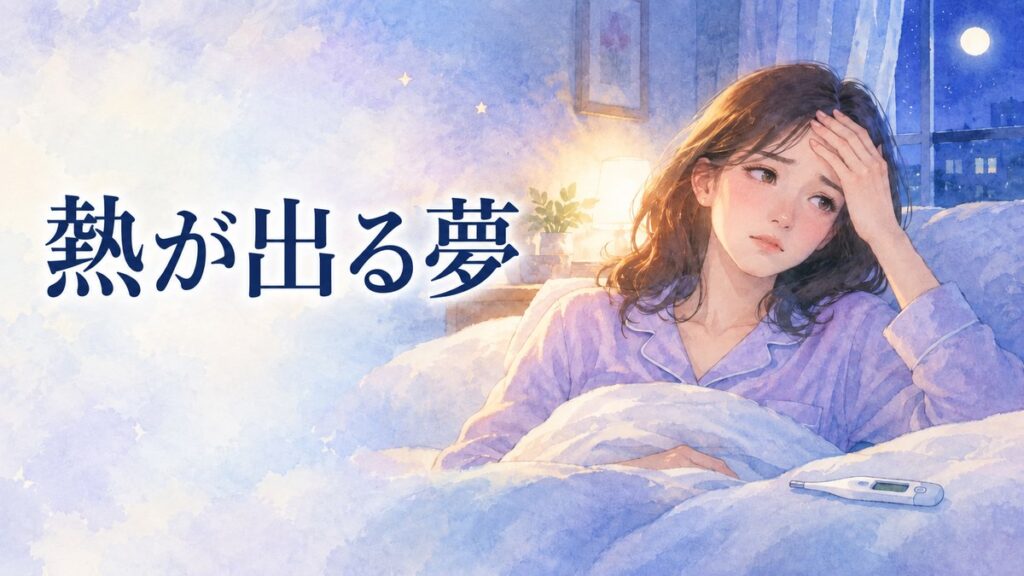 「熱が出る夢」の文字と夜の寝室で額に手を当てる女性
