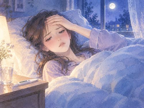 高熱で布団に横になり額に手を添える女性