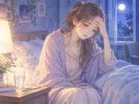 ベッドに腰掛け少しだるそうにする女性