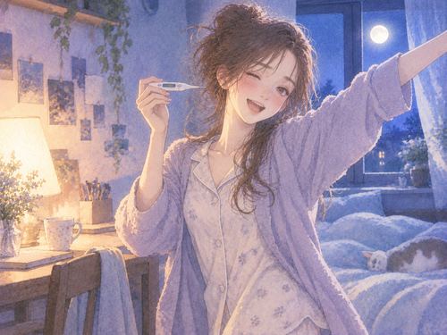 体温計を持ちながら元気に動く女性