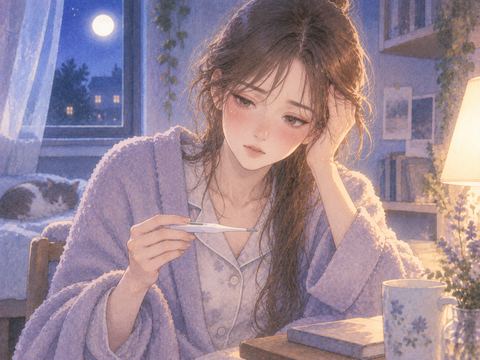 静かな部屋で体温計を使う女性