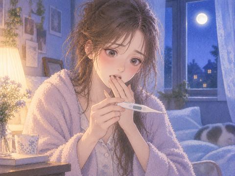 体温計の表示を見て驚く女性