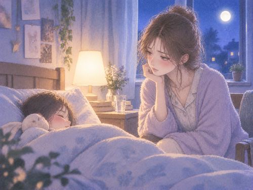 寝ている家族をそばで気遣う女性